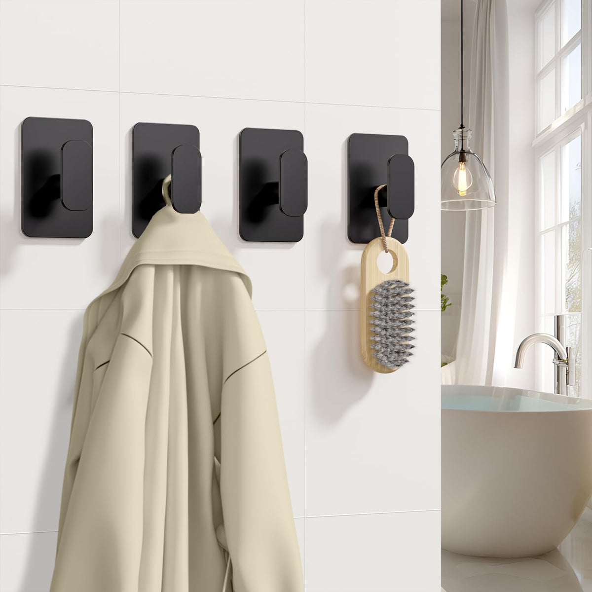 Large Heavy Duty Wall Hooks - 26lb Max, Stainless Steel Adhesive Towel Hooks for Hanging Towel, Coat, Robe, Hat, Sticky Towel Holder for Wall Mount in Bathroom, Shower, Kitchen (Black, 4 Pack)