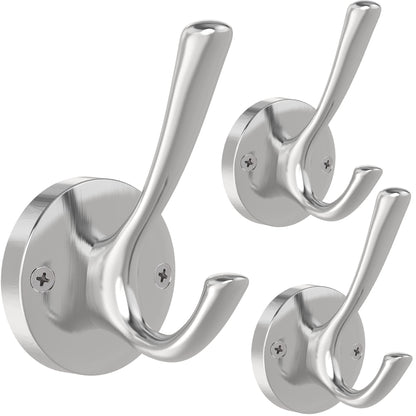 TOFIIGREM Brushed Nickel Wall Hooks Towel Hooks, 2 Pack Coat Robe Hook Heavy Duty Bathroom Double Hook Wall Mounted, Hand Towel Hooks for Closet Entryway Cubicle Kitchen