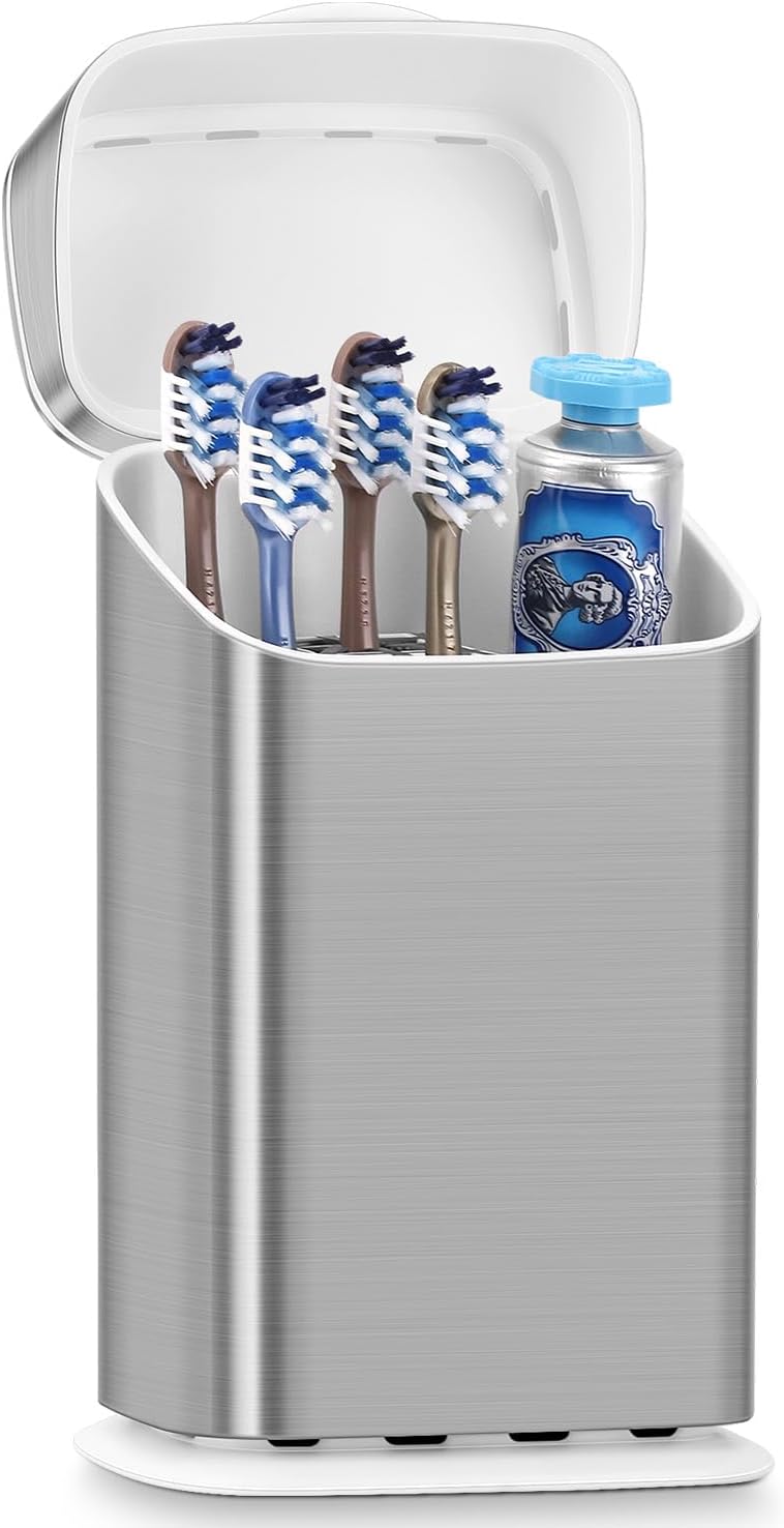 GFWARE Bathroom Toothbrush Holder with Cover, Ventilated & Drainage, Silver
