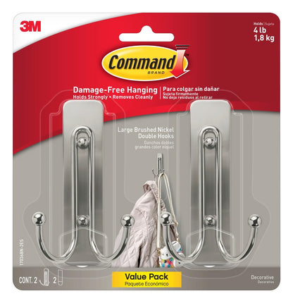 Command Large Matte Black Double Hooks, 2 Hooks and 2 Strips, Damage Free Hanging Wall Hooks with Adhesive Strips, No Tools Coat Hooks for Hanging Home Decor, Holds up to 4 lb