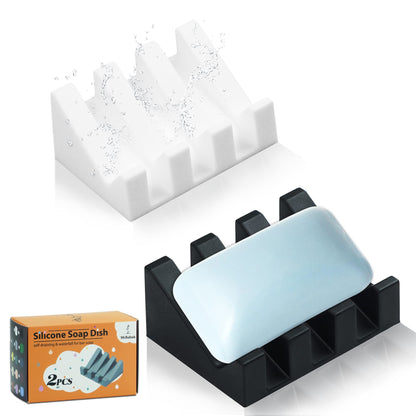 Self Draining Silicone Soap Dish Holder Waterfall Tray, 2 Pack Black