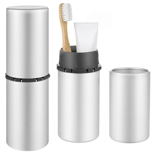 Aluminum Toothbrush Travel Case, Travel Toothbrush and Toothpaste Holder, Portable Toothbrush Mouthwash Cup Holder with Cover for Traveling, Bathroom, Camping, Business Trip-1Pack Silver