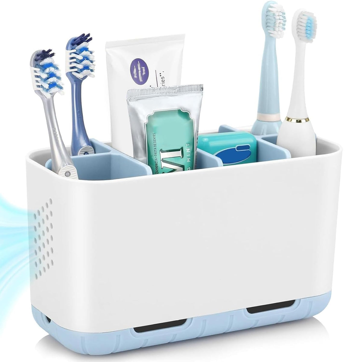 Boperzi Toothbrush and Toothpaste Holder Drainage for Bathroom Countertop with Adjustable Dividers, Large Toothpaste Caddy Organizer Storage Rustic Decor Set Anti-Slip for Shower,Family,Kids Gray