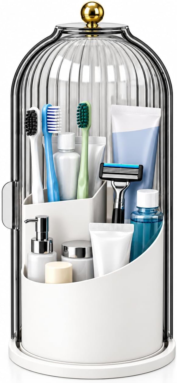 Rotating Toothbrush Holder with Cover, Storage for Bathroom, Dustproof Toothbrush Holder with Sliding Lid Electric Tooth Brush and Makeup Brush Organizer for Vanity, Dustproof with Cover