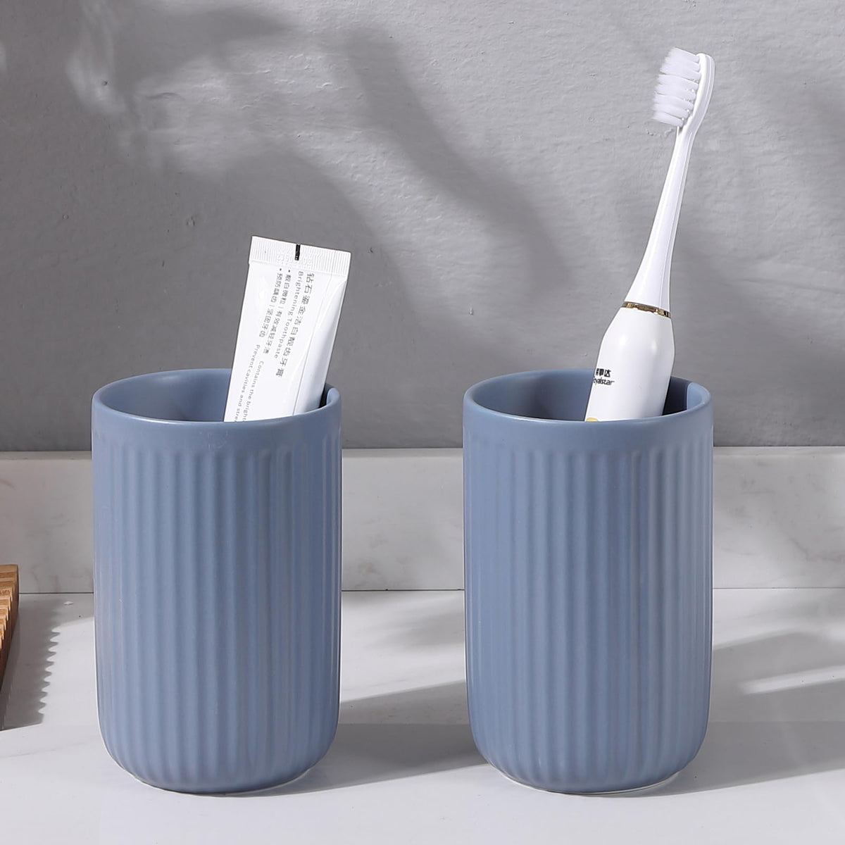 Toothbrush Holders - 2 Cup Ceramic Toothbrush Toothpaste Holders Set, Beige Bathroom Tumbler Cups Reusable Toothbrush Mouthwash Cup, Bathroom Counter Organizer