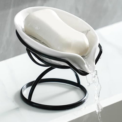 Dobbyby Leaf-Shaped Ceramic Soap Dish with Drain, Holder, Saver, Tray, Bar Soap Holder, Easy Cleaning, for Shower Bathroom Kitchen Sink Bathtub, Pro-Environment White