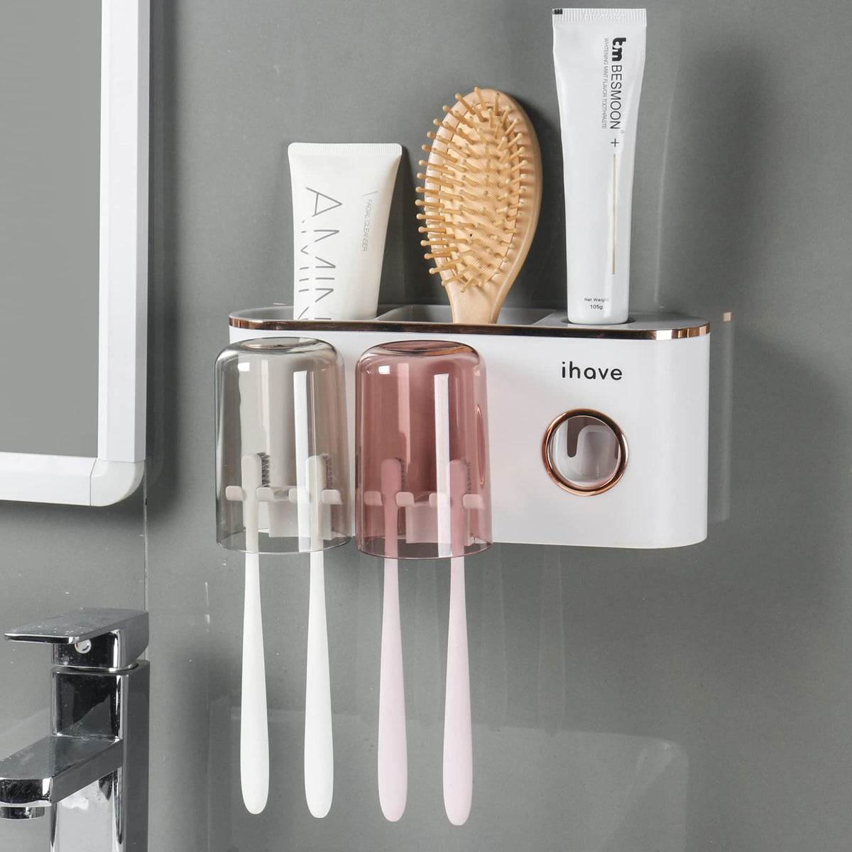 iHave Toothbrush Holders for Bathrooms Wall Mounted with Dispenser & 3 Cups