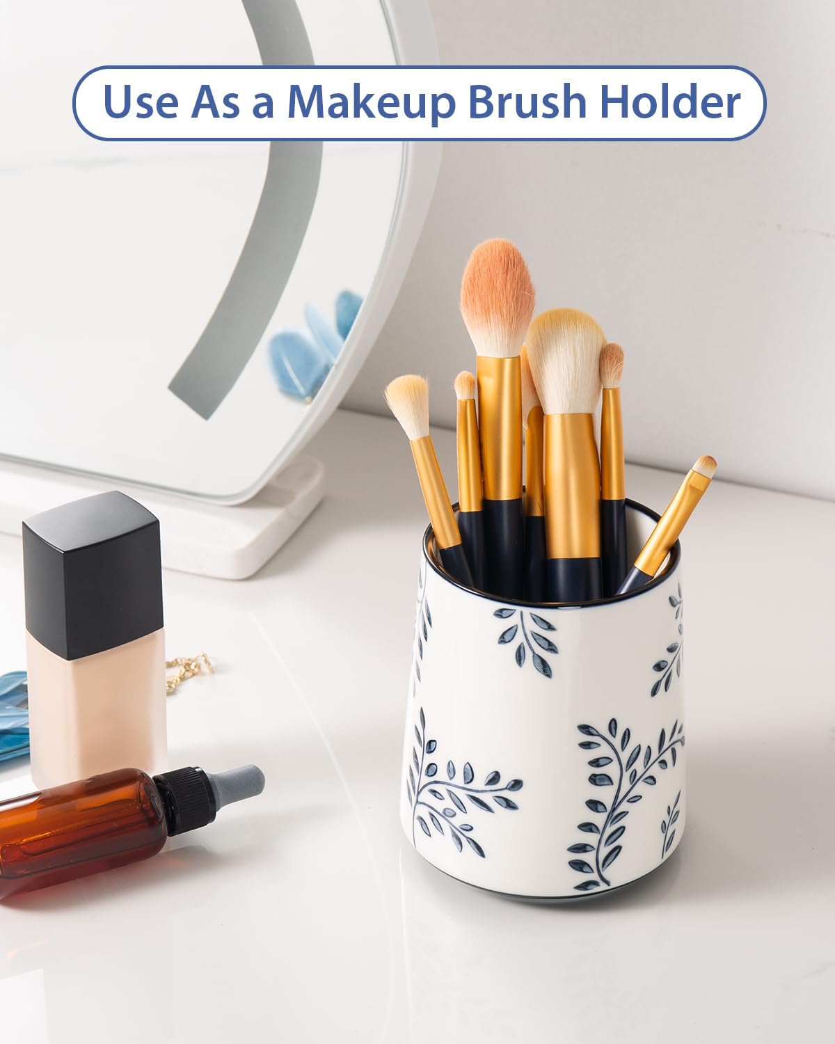 Ceramic Vintage Toothbrush Holder Cute, Blue and White Toothbrush Cup