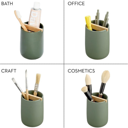 iDesign Ceramic Earth Collection Toothbrush Holder, Moss/Natural Wood