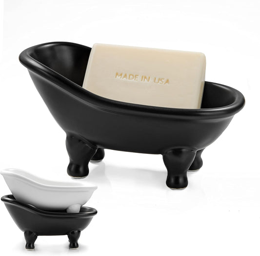 Soap Dish, Ceramic Soap Holder with Drainage for Shower, 1 Pack Bar Soap Tray, Keep Soap Dry & Easy Clean, Sponge Holder for Bathroom, Bathtub Kitchen Sink (Black)