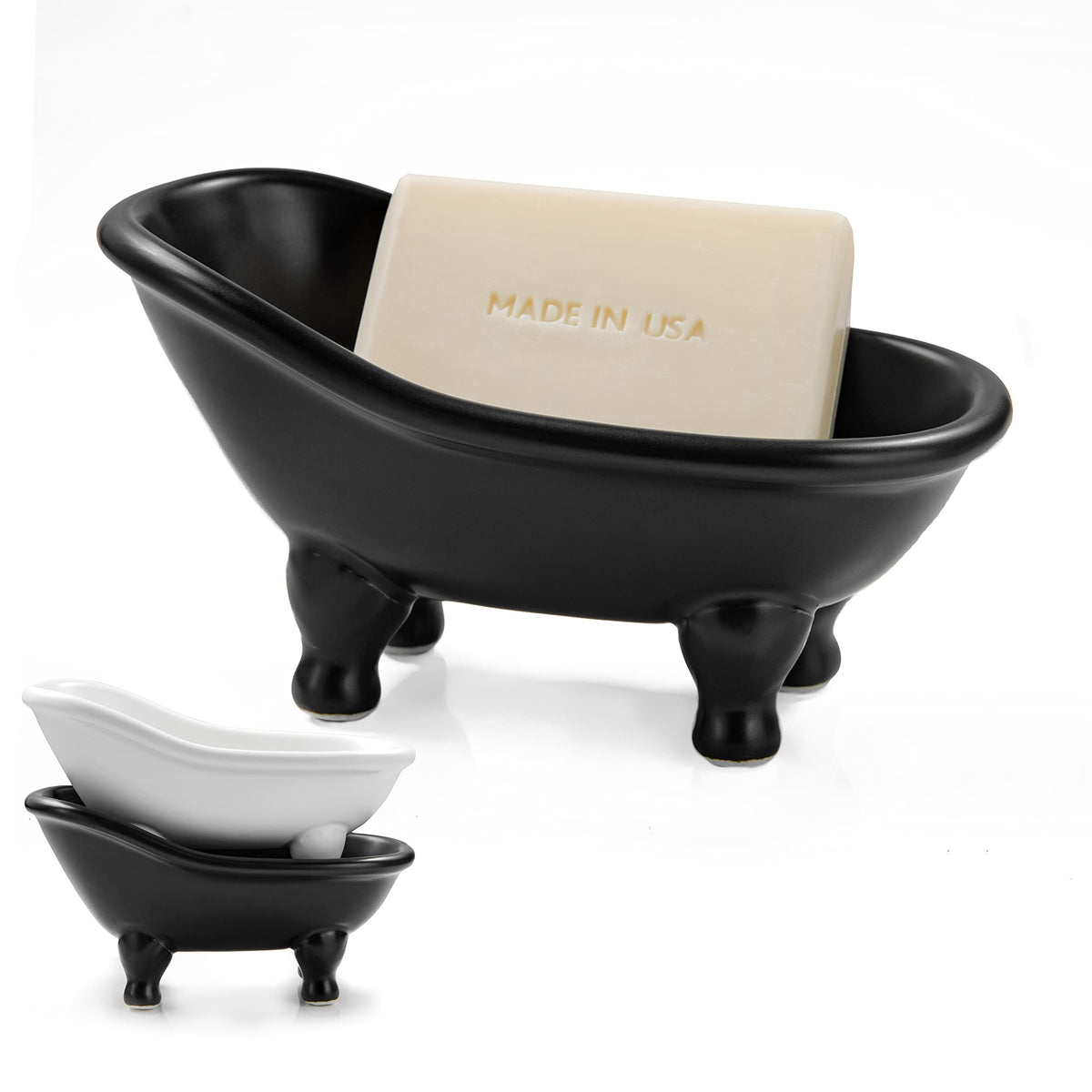 Soap Dish, Ceramic Soap Holder with Drainage for Shower, 1 Pack Bar Soap Tray, Keep Soap Dry & Easy Clean, Sponge Holder for Bathroom, Bathtub Kitchen Sink (Black)