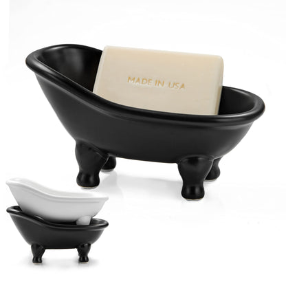 Soap Dish, Ceramic Soap Holder with Drainage for Shower, 1 Pack Bar Soap Tray, Keep Soap Dry & Easy Clean, Sponge Holder for Bathroom, Bathtub Kitchen Sink (Black)