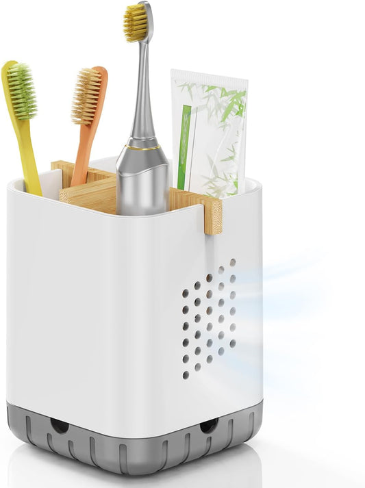 Boperzi Toothbrush and Toothpaste Holder with Bamboo Divider for Bathroom Countertop Organizer, Plastic Detachable Anti-Slip Large Electric Toothbrush Holders Storage Caddy Drainage for Family, Kids
