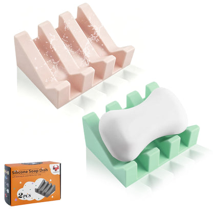 Self Draining Soap Dish Holder,Silicone Soap Dish,for Bathroom,Kitchen, Sponges，Can Extend Soap Life，Keep Soap Bars Dry and Easy Cleaning (Grey,2-Pack)
