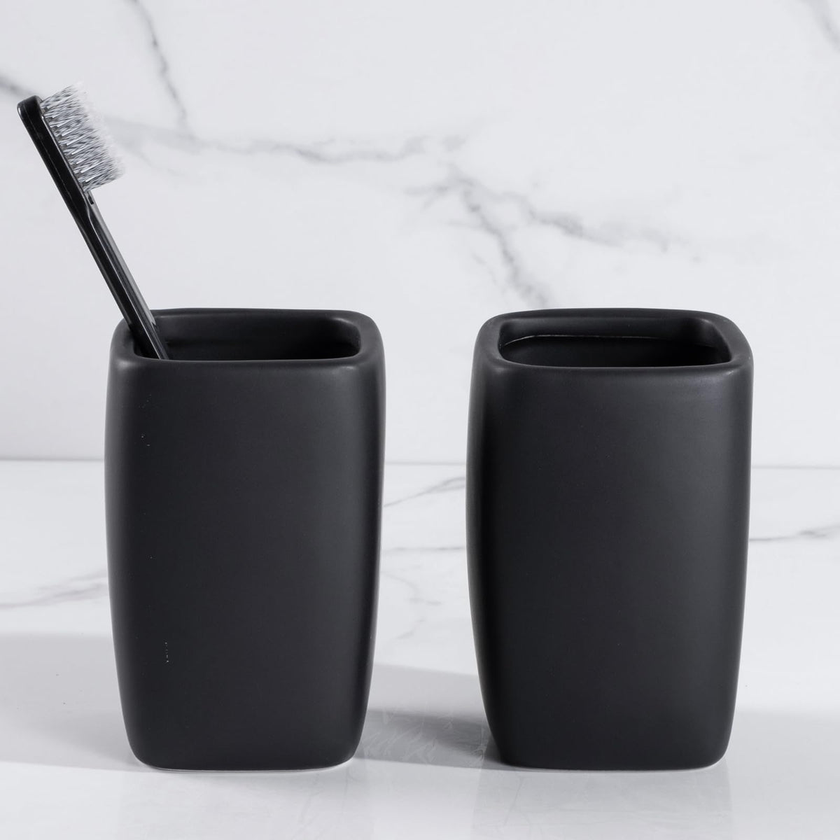 Ceramic Black Square Toothbrush Holder for Bathrooms - 1 Cup Square Toothbrush Toothpaste Holders, Bathroom Tumbler Cup Reusable Toothbrush Mouthwash Cup, Bathroom Counter Organizer.