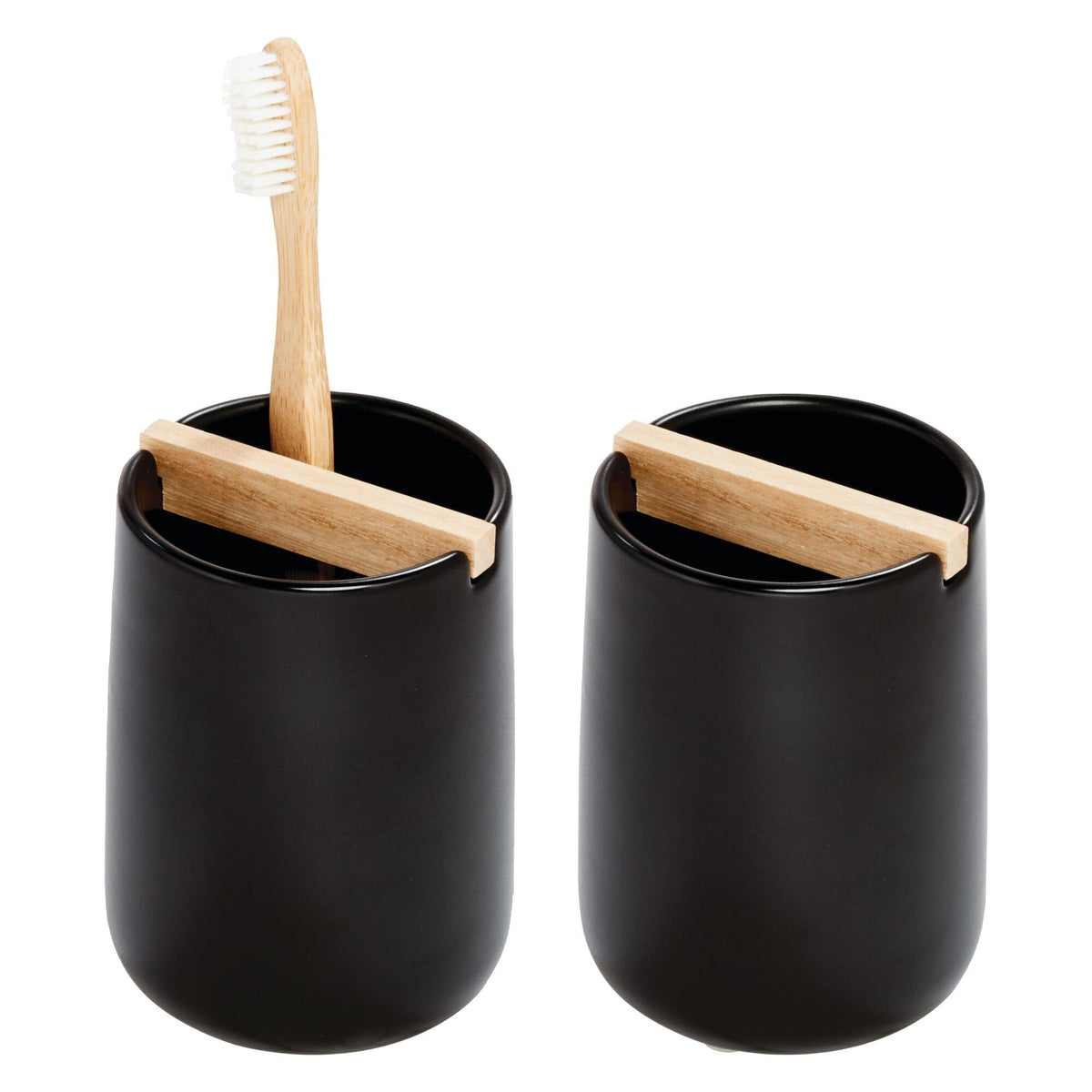 iDesign Ceramic Earth Collection Toothbrush Holder, Moss/Natural Wood