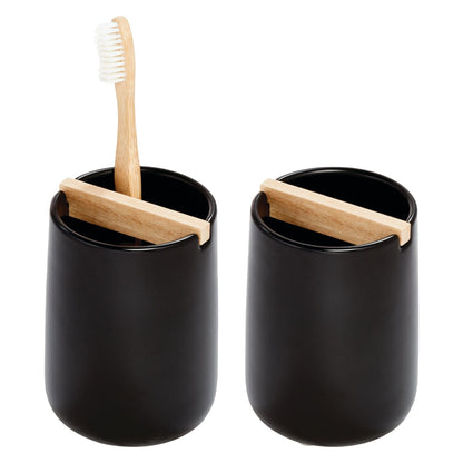 iDesign Ceramic Earth Collection Toothbrush Holder, Moss/Natural Wood
