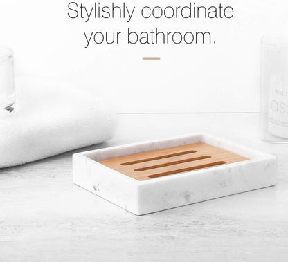 Luxspire Bamboo Soap Dish, Resin Holder with Drainage, Gravel White