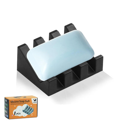 Self Draining Soap Dish Holder,Silicone Soap Dish,for Bathroom,Kitchen, Sponges，Can Extend Soap Life，Keep Soap Bars Dry and Easy Cleaning (Black,1-Pack)