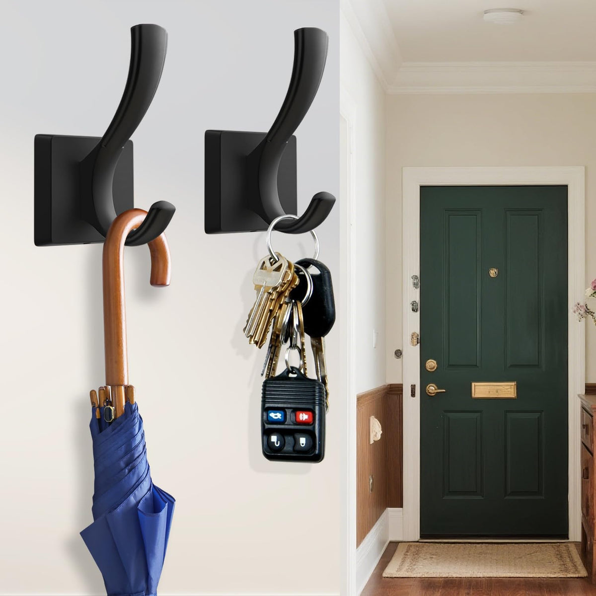 TOFIIGREM Black Towel Hooks, Coat Robe Hooks Bathroom Entryway Mudroom Pool Hooks for Wall Mount Hanging Towels Bathrobe Key Hat Backpack (2 Pack, Black)
