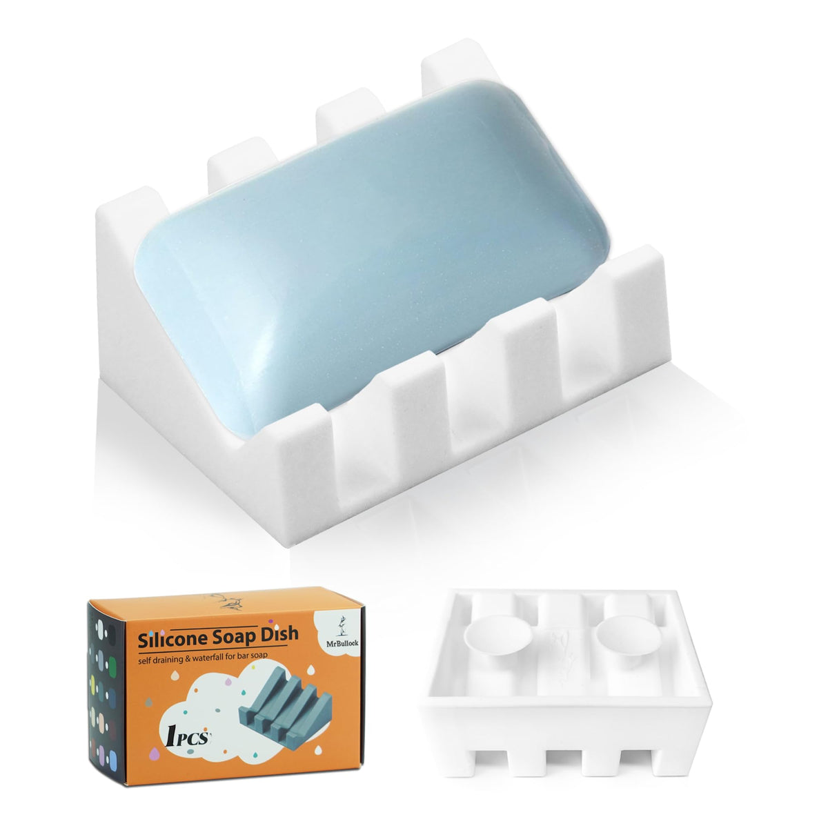Silicone Soap Dish Self Draining with Suction Cups (White, 1 Pack)