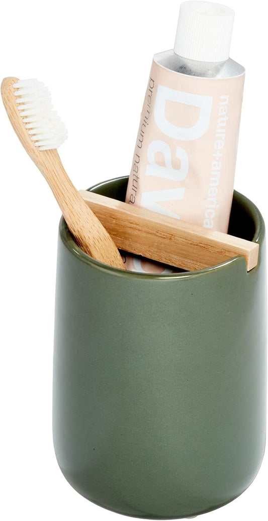 iDesign Ceramic Earth Collection Toothbrush Holder, Moss/Natural Wood