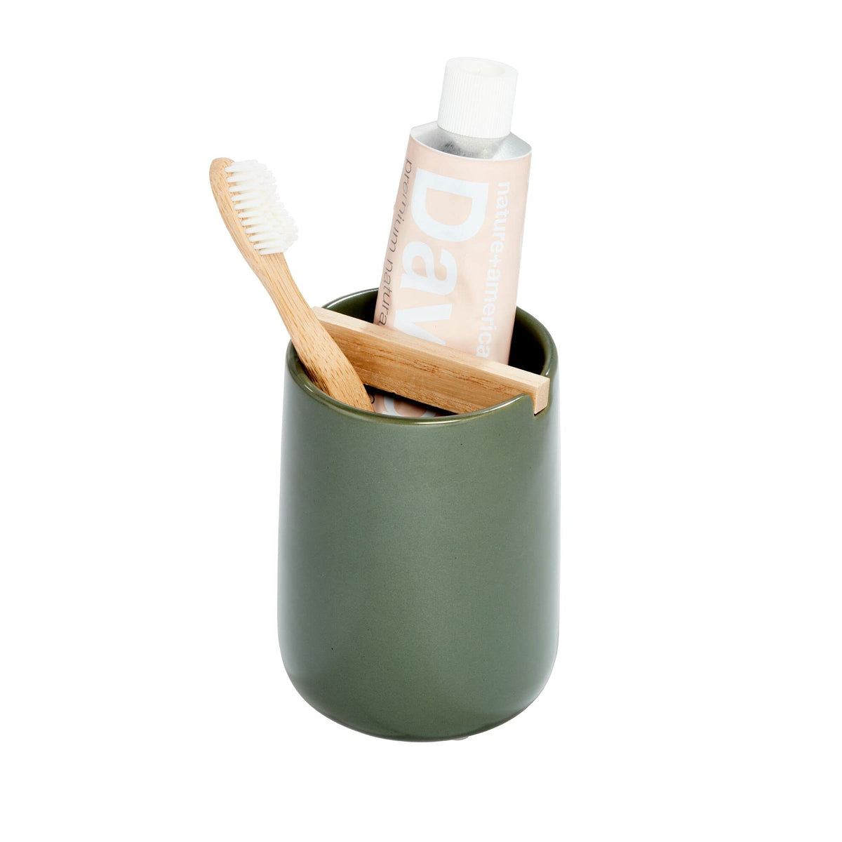 iDesign Ceramic Earth Collection Toothbrush Holder, Moss/Natural Wood