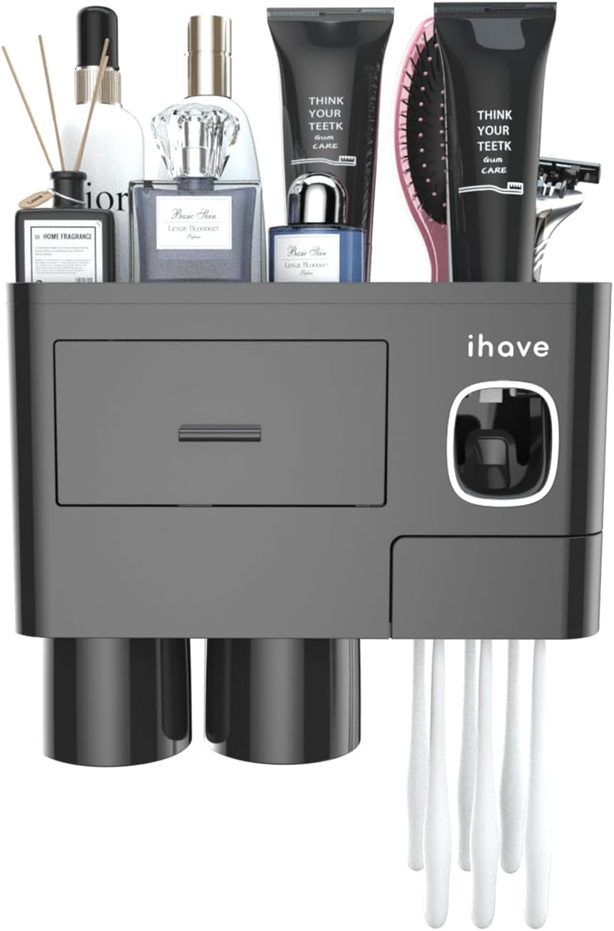 iHave Toothbrush Holders Wall Mounted with Toothpaste Dispenser & 2 Cups