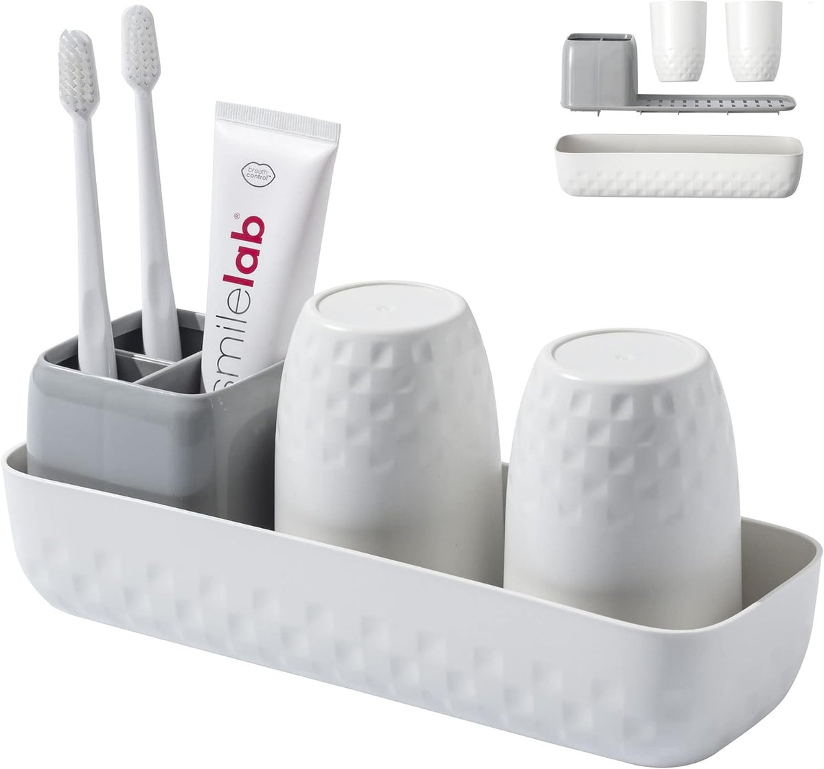 Vowupt Toothbrush Holder for Bathrooms, Toothbrush Organizer Countertop for Toothbrush Storage, Toothbrush and Toothpaste Holders Set with 3 Slots, Tooth Brushing Cup Caddy for Family-White