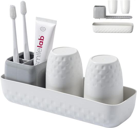Vowupt Toothbrush Holder for Bathrooms, Toothbrush Organizer Countertop for Toothbrush Storage, Toothbrush and Toothpaste Holders Set with 3 Slots, Tooth Brushing Cup Caddy for Family-White