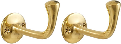 Unlacquered Solid Brass Wall Hooks Set of 2, Antique Brass Coat Hooks Wall Mount for Entryway, Bathroom & Kitchen, Gold Brass Towel Hook for Towels, Robes, Hats & Bags, Handcrafted Heavy Duty