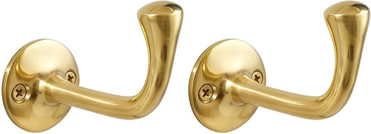 Unlacquered Solid Brass Wall Hooks Set of 2, Antique Brass Coat Hooks Wall Mount for Entryway, Bathroom & Kitchen, Gold Brass Towel Hook for Towels, Robes, Hats & Bags, Handcrafted Heavy Duty