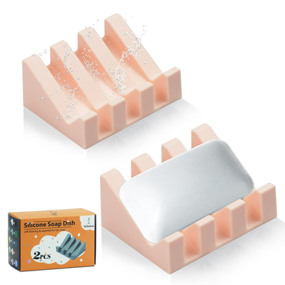 Silicone Soap Dish Self Draining with Suction Cups (White, 2 Pack)