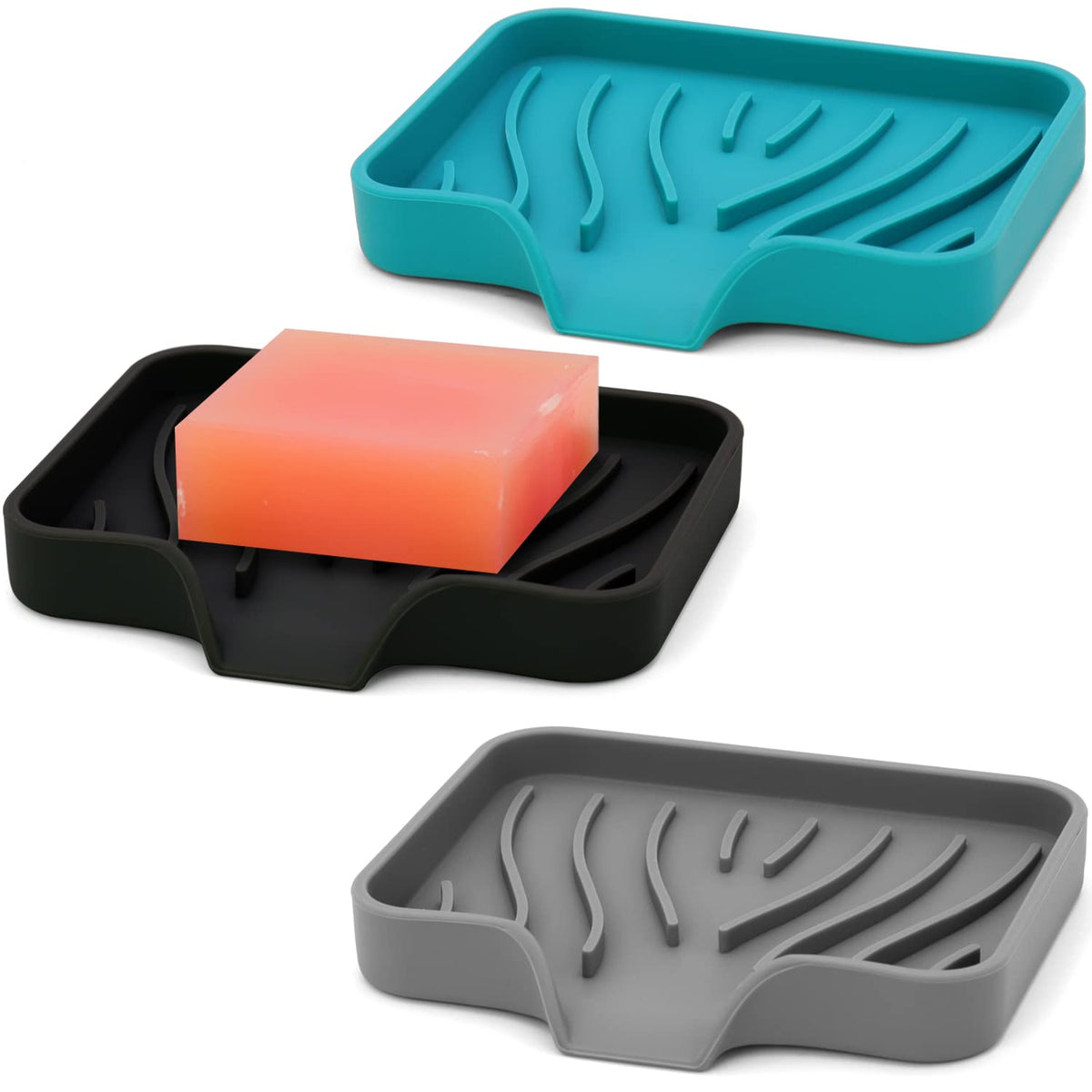 AIMAIAIMAI 3-Pack Silicone Soap Dish Set – Bar Soap Holder with Self-Draining Design, Easy-Clean Tray for Shower, Bathroom, Kitchen, and Tub (Gray)