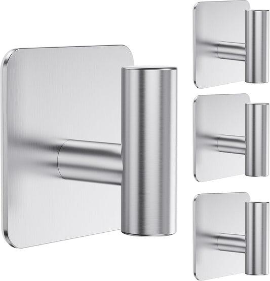 Aikzik 4 Pack Large Heavy Duty Wall Hooks - 26lb Max, Stainless Steel Adhesive Towel Hook, Shower Hooks for Hanging Towel, Coat, Robe, Wall Hook for Use in Bathroom, Kitchen and Door