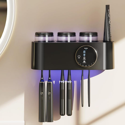 UV Toothbrush Sanitizer and Holder Wall Mounted, Electric Toothbrush Holder for Bathroom with UVA+UVC Light & Fan Dry, 6 Toothbrush Slots & 3 Cups, No-Drill Rechargeable Toothbrush Organizer（Black）