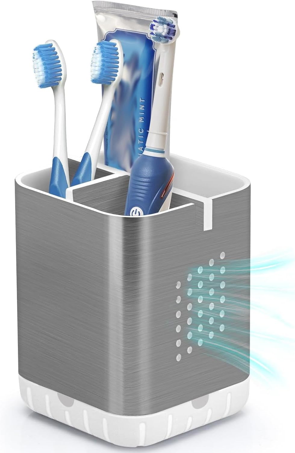 Boperzi Toothbrush Holder Toothpaste Organizer Drainage for Bathroom Vanity, Detachable Anti-Slip Brushed Nickel Toothpaste Storage Caddy 3 Slots with Drainage Holes for Makeup Brush Razor Stand