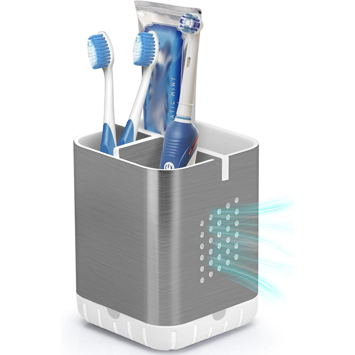 Boperzi Toothbrush Holder Toothpaste Organizer Drainage for Bathroom Vanity, Detachable Anti-Slip Brushed Nickel Toothpaste Storage Caddy 3 Slots with Drainage Holes for Makeup Brush Razor Stand