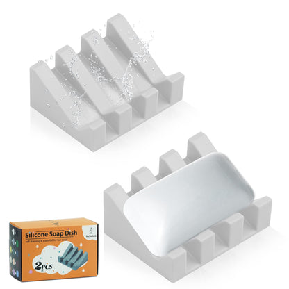 Silicone Soap Dish Self Draining with Suction Cups (White, 2 Pack)