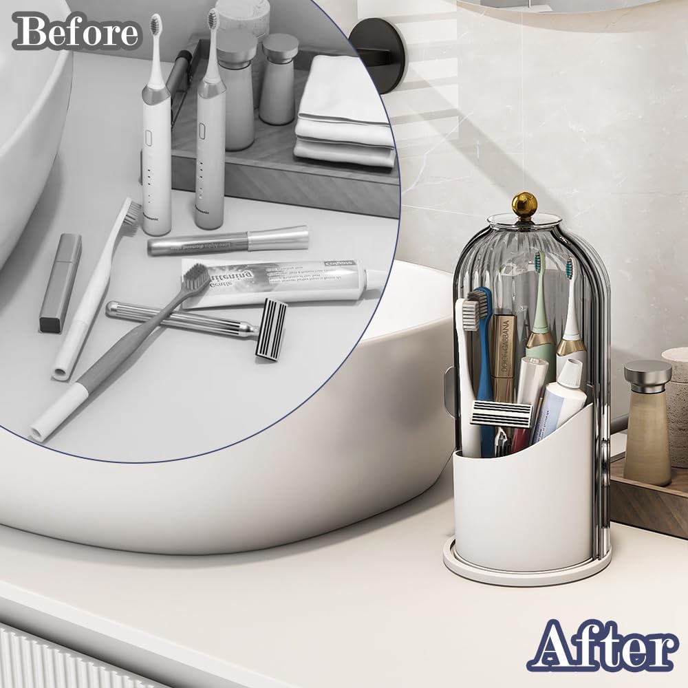 Waterproof Toothbrush Holder with 180° Rotating Cover, Grey White