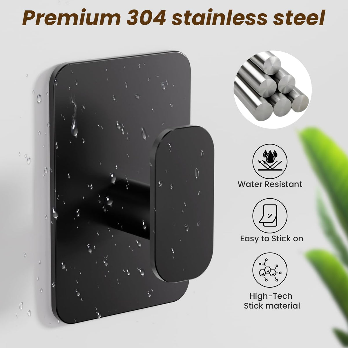 Large Heavy Duty Wall Hooks - 26lb Max, Stainless Steel Adhesive Towel Hooks for Hanging Towel, Coat, Robe, Hat, Sticky Towel Holder for Wall Mount in Bathroom, Shower, Kitchen (Black, 4 Pack)