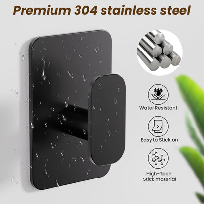 Large Heavy Duty Wall Hooks - 26lb Max, Stainless Steel Adhesive Towel Hooks for Hanging Towel, Coat, Robe, Hat, Sticky Towel Holder for Wall Mount in Bathroom, Shower, Kitchen (Black, 4 Pack)