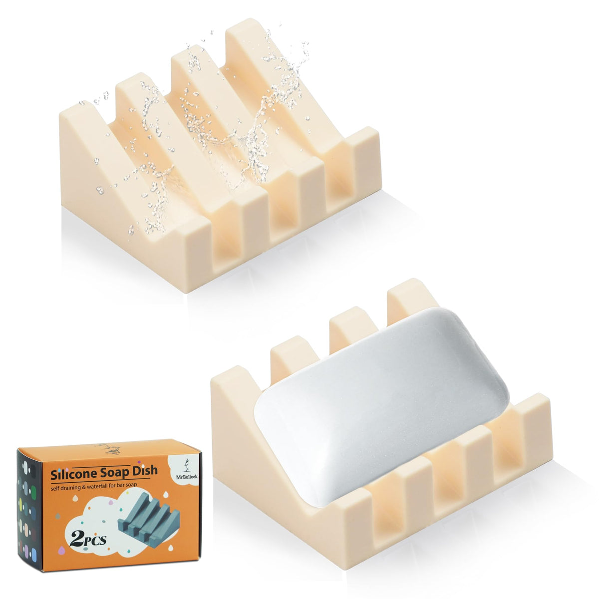 Silicone Soap Dish Self Draining with Suction Cups (White, 2 Pack)