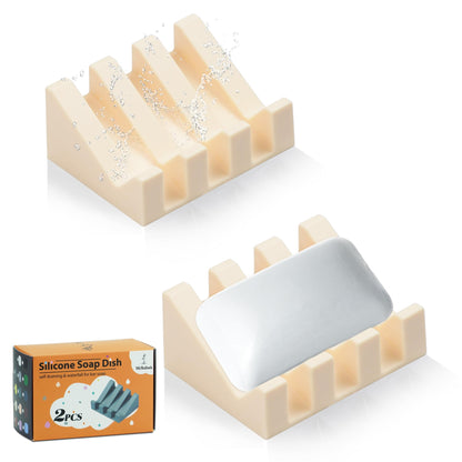Silicone Soap Dish Self Draining with Suction Cups (White, 2 Pack)