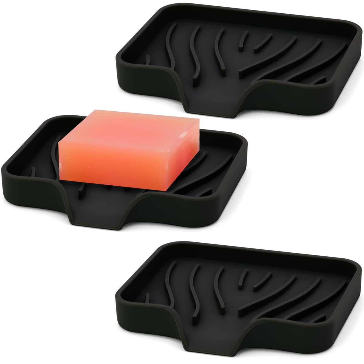 AIMAIAIMAI 3-Pack Silicone Soap Dish Set – Bar Soap Holder with Self-Draining Design, Easy-Clean Tray for Shower, Bathroom, Kitchen, and Tub (Gray)