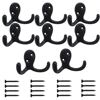 Kruodop 4 Pack Wall Hooks Wall Mounted Coat Hooks for Hanging Heavy Duty, Black Towel Hooks, Metal Double Coat Hanger with Screws Cup Retro for Coats, Handbags, Towels, Hat