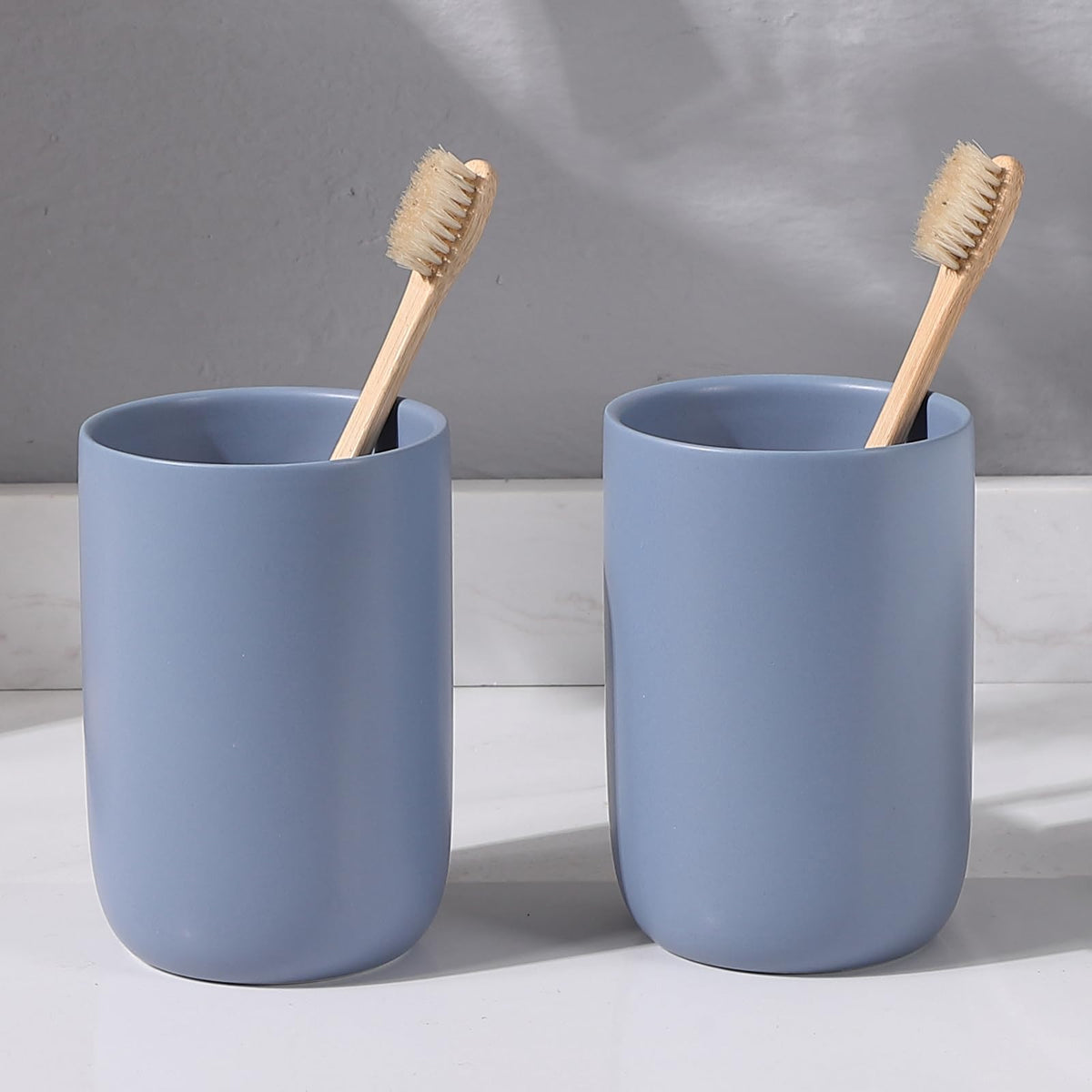 Toothbrush Holders for Bathrooms - 2 Cups Ceramic Toothbrush Toothpaste Holders Set, White Bathroom Tumbler Cups Reusable Toothbrush Mouthwash Cup, Bathroom Counter Organizer