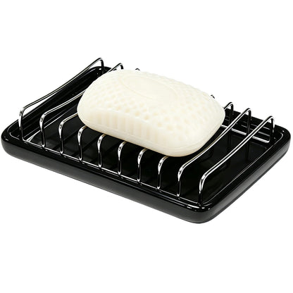 Ceramic Soap Dish with Stainless Steel Drain Tray Self Draining Soap Holder Sponge Holder Soap Dishes for Shower, Bathroom, Kitchen Sink