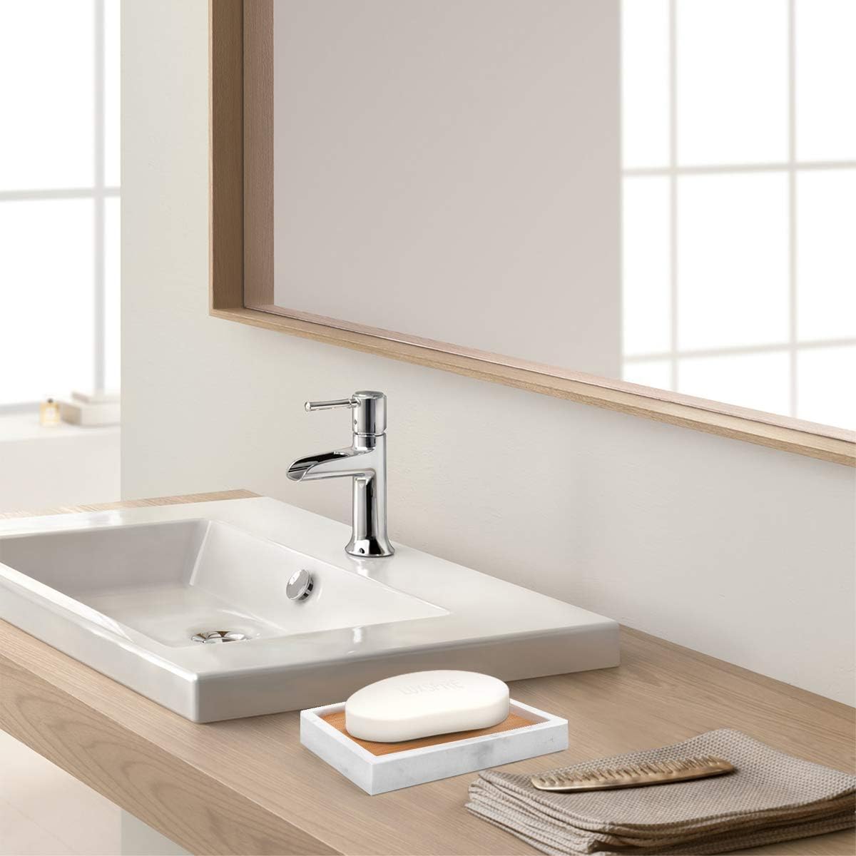 Luxspire Bamboo Soap Dish, Resin Holder with Drainage, Gravel White