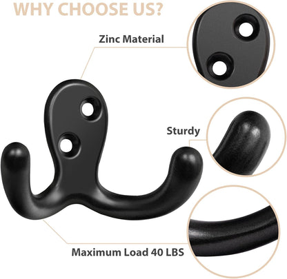 Homanu 14 Pack Black Coat Hooks Wall Mounted Double Prong with 28 Screws